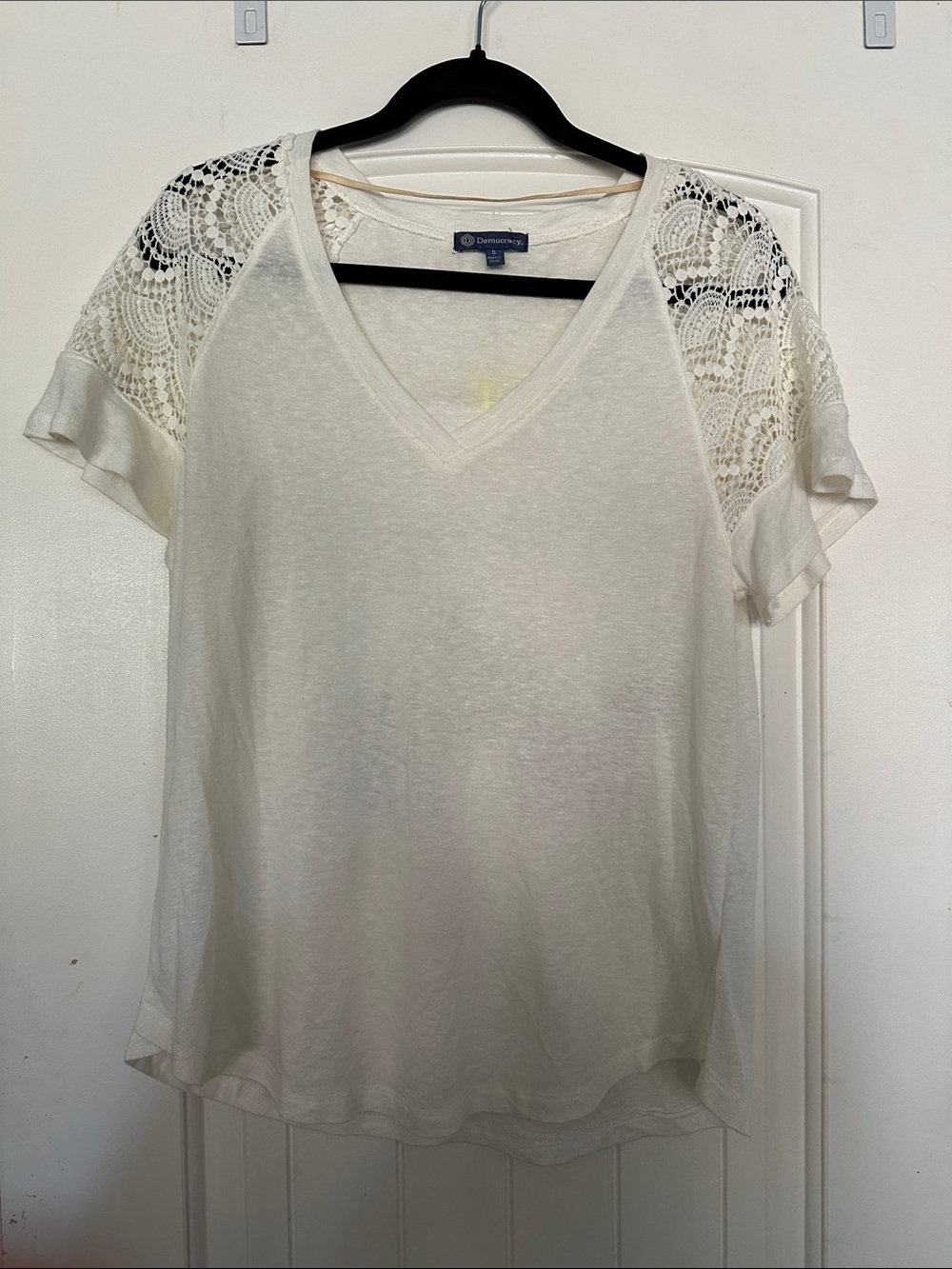 Democracy Cream V-Neck Short Sleeve Top with Lace Shoulders